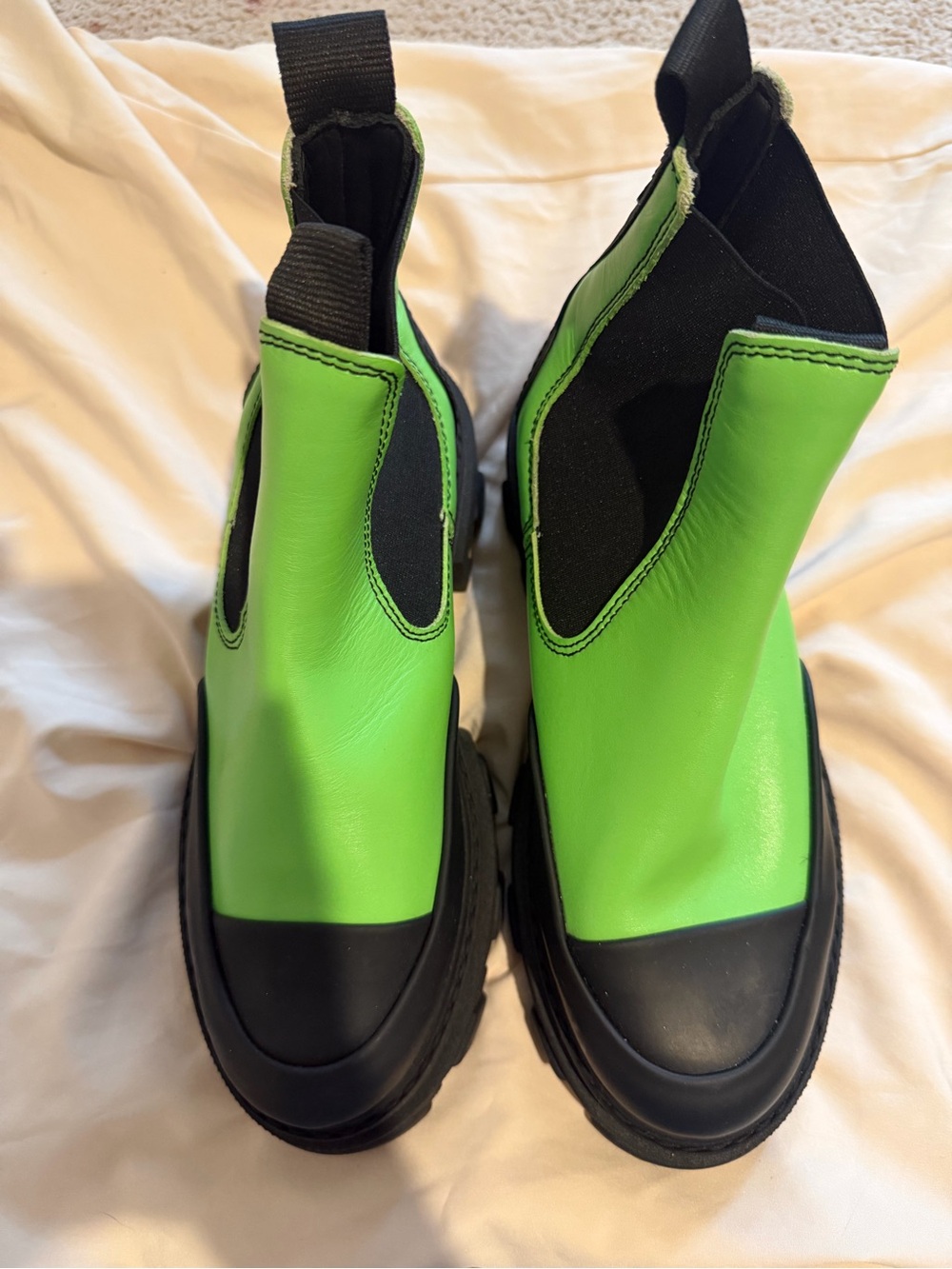 Ganni Neon Green & Black Chelsea Combat Boots